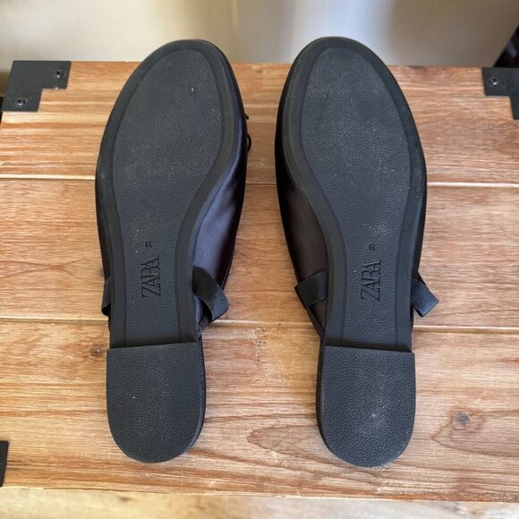 Zara Black Satin Mule Ankle Wrap Bow Detail Minimalist Ballet Flat Size 39 / 8 - Picture 14 of 15